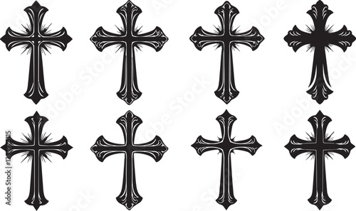 Set of Christian cross liner and silhouette, Religious cross icon illustration