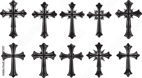 Set of Christian cross liner and silhouette, Religious cross icon illustration