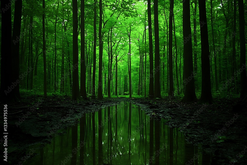 Fototapeta premium A vibrant green forest with water creating a reflection