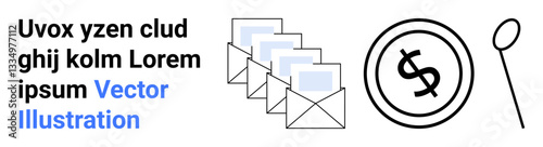 Stacked emails signify correspondence, dollar within a circle usded thumbs up a balloon implies financial uncertainty and risk. Ideal for finance, communication, email campaigns, money, risk