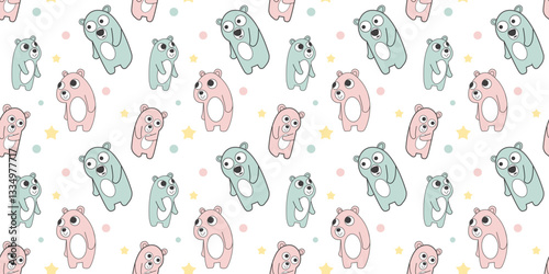pattern with pink and blue cartoon bears on a light background. Playful atmosphere with elements of stars and dots, children's style
