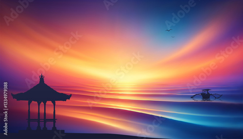 Vibrant colours vector tropical sunset background with traditional balinese gazebo and boat silhouettes