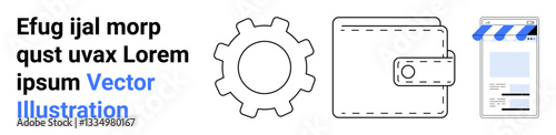 Gear, wallet, and smartphone interface emphasize finance, technology, web development, business operations, digital tools, planning, and a simple landing page