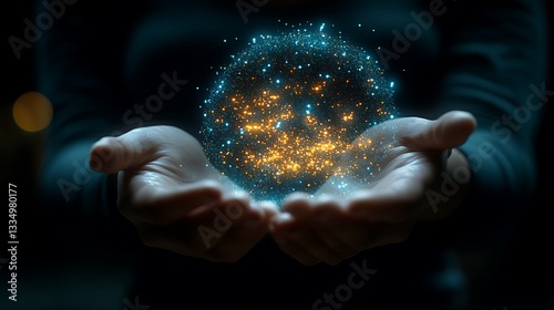 Woman holding glowing sphere, night
