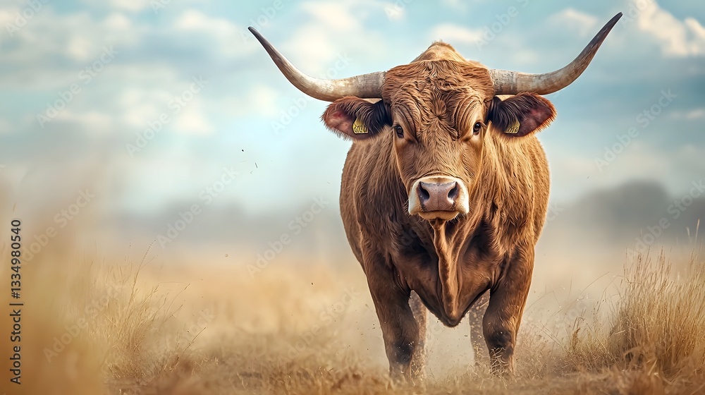 Powerful and Majestic Angus Bull Standing Tall in the Middle of a Peaceful Cattle Ranch Landscape Its Muscular Body and Curved Horns Commanding Attention Powerful and Majestic Angus Bull Standing Tall in the Middle of a Peaceful Cattle Ranch Landscape Its Muscular Body and Curved Horns Commanding Attention