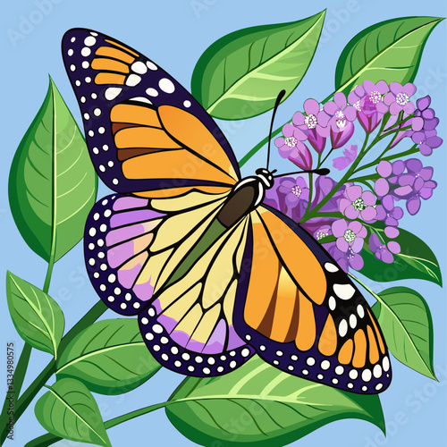 A vibrant monarch butterfly with black-edged orange wings delicately feeds on a purple flower in a summer garden
