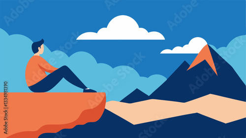 Mountain View Relaxation An individual lounging on a rock ledge gazing at a panoramic mountain view with flowing clouds conveying a sense of awe and relaxation.