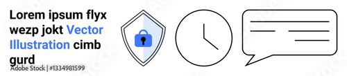 Shield with lock for data security, clock for time management, and speech bubble for communication. Ideal for cybersecurity, productivity, teamwork, deadlines, messaging, organization flat landing
