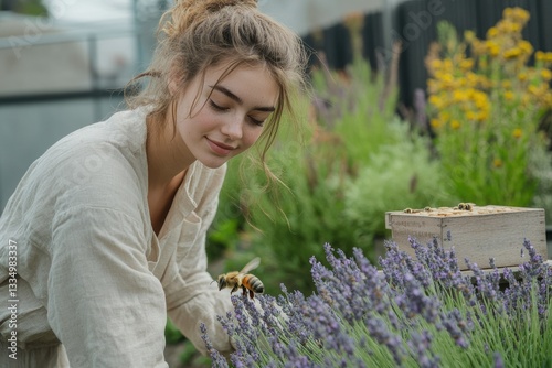 A young woman tending to her lavender garden, a bee nearby.