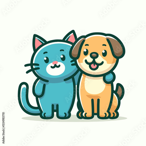 Cute cartoon cat and dog friends posing together, cheerful illustration of companionship, animal love