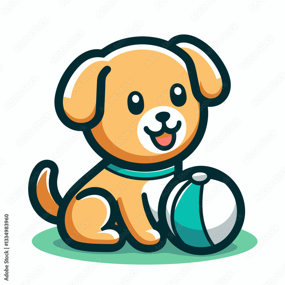Fototapeta premium Cute cartoon dog sitting with colorful beach ball, joyful expression, playful illustration