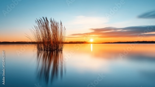 Serene waters reflecting a vibrant sunset with delicate reeds silhouetted in the foreground, capturing the essence of calmness and natural beauty at dusk.