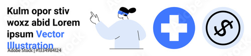 Female figure gesturing, blue medical cross, and dollar sign in circle. Ideal for healthcare, medical services, finance, insurance, education, awareness campaigns simple landing page