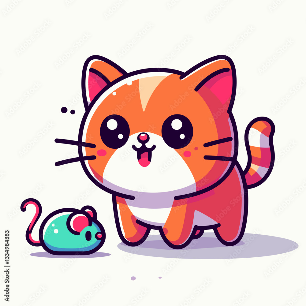 Fototapeta premium Cute cartoon cat excitedly standing next to teal mouse, playful expression, cheerful illustration