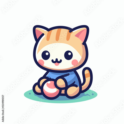 Cute cartoon cat in blue shirt playing with ball, joyful expression, playful illustration