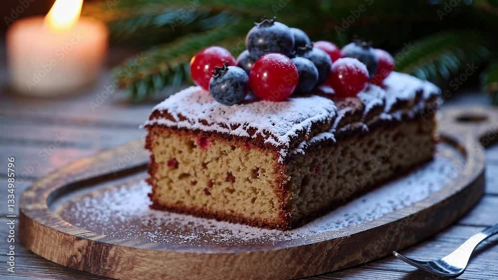 Berries-topped cake slice on wooden board with powdered sugar and candle light. Holiday dessert and cozy winter treat concept