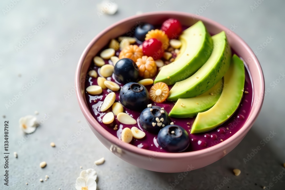Acai bowl with chia seeds, coconut, and nuts topped with sliced avocado, energy, tropical Acai bowl with chia seeds, coconut, and nuts topped with sliced avocado, energy, tropical