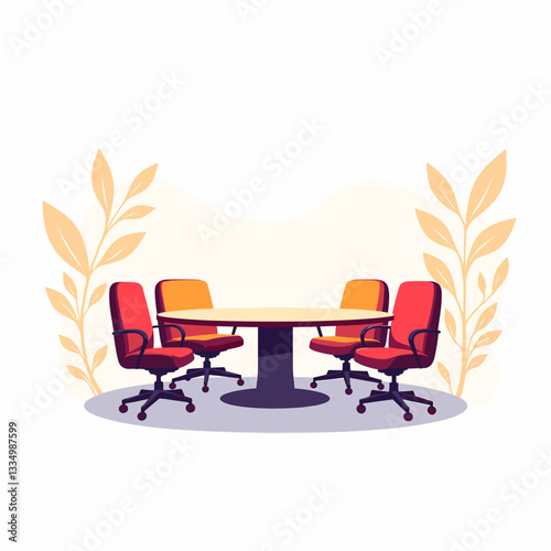 Stylish meeting room with colorful chairs and table, collaboration space