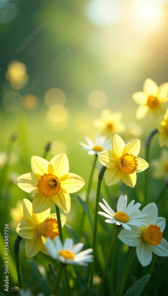 Fototapeta premium Artistic composition of daisies and daffodils in sunlight, sunshine, petals
