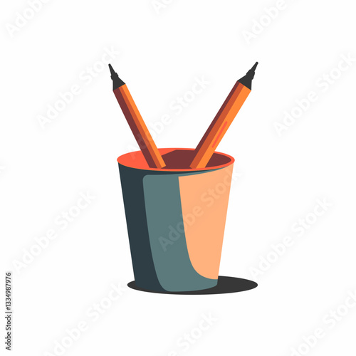 Modern pen holder with colorful pens on white background, office supplies