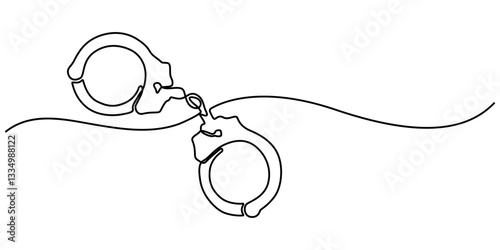 one continuous line drawing handcuffs minimalist design vector illustration law theme object isolated on white background, Handcuffs in one continuous line drawing. Symbol of police justice and jail.