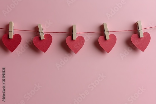 Hearts on a string: A charming display of love suspended against a soft pink backdrop