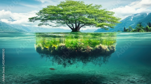 A floating island of seaweed provides a sanctuary for marine creatures underwater, surrounded by crystal clear water and lush greenery above