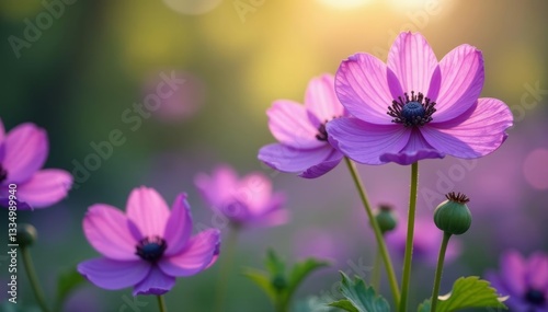 Beautiful background of purple anemone flowers in full bloom, background, floral, blooming