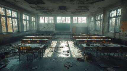 Tableau sur toile  Sunlit Abandoned Classroom with Damaged Walls and Floors  © Ishaq