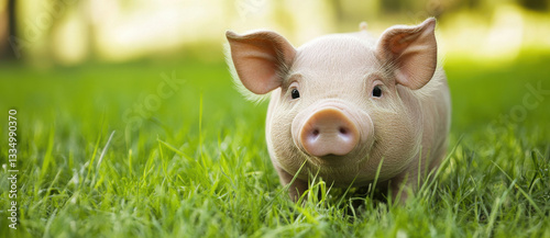cute piglet standing on green grass, showcasing its playful nature and curiosity in sunny outdoor setting