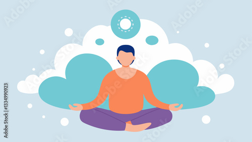 Mindful Meditation A serene figure sitting crosslegged in a meditative pose surrounded by soft circular patterns representing mindfulness and peace. Above them theres a thought