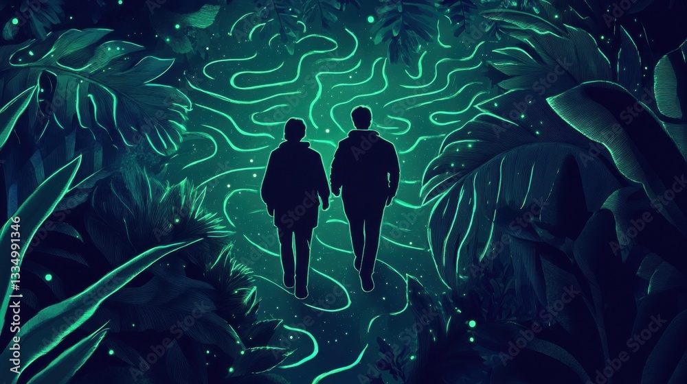 Obraz premium Silhouetted Figures Walking Through a Luminous Forest Pathway