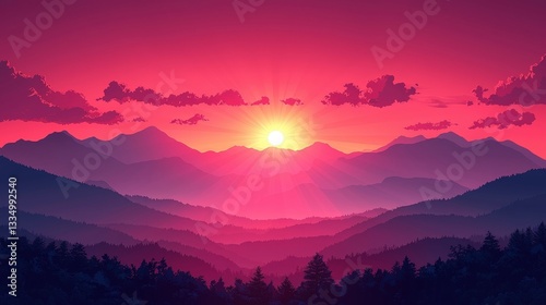 Serene Sunset Over Majestic Mountain Range Bathed in Vibrant Pink and Purple Hues