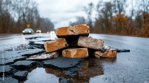 The image shows weathered piles of debris on a cracked road, with a melancholic atmosphere, capturing the aftereffects of a storm and the vulnerabilities of infrastructure.
