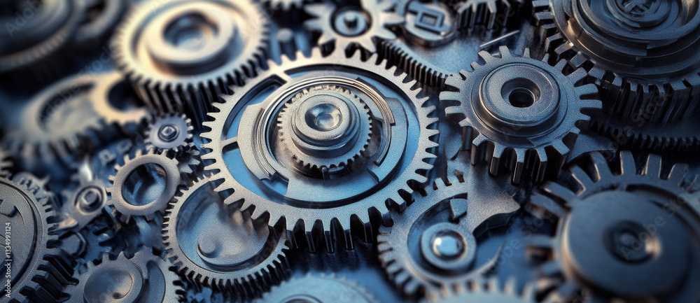 Intricate arrangement of metallic gears showcasing engineering precision and mechanical design. image captures complexity and functionality of machinery Intricate arrangement of metallic gears showcasing engineering precision and mechanical design. image captures complexity and functionality of machinery