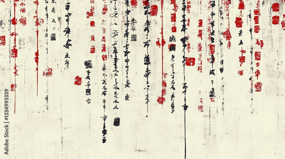 abstract Asian calligraphy characters columns of small , white black red , grunge background, print art design abstract Asian calligraphy characters columns of small , white black red , grunge background, print art design