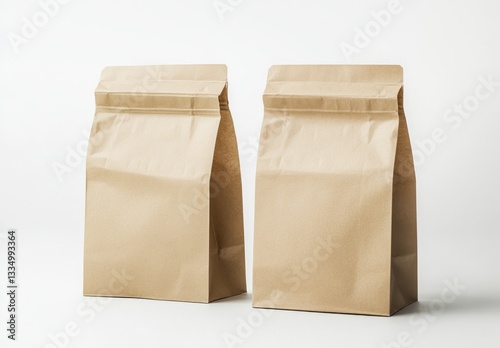 Two blank brown paper bags for food delivery mockup on a white background, with no text or logo in the bags, shown in side view