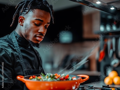 An attentive chef prepares food in the kitchen during meal preparation