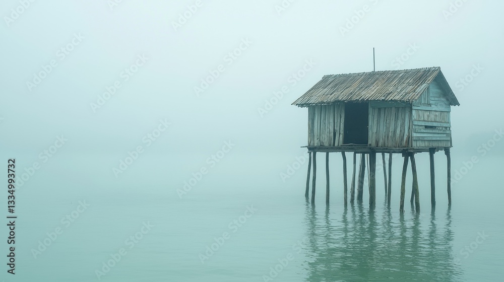 A rustic wooden stilt house stands alone in calm, misty waters, creating an atmosphere of solitude and mystery. A perfect image for themes of isolation, serenity, and simplicity A rustic wooden stilt house stands alone in calm, misty waters, creating an atmosphere of solitude and mystery. A perfect image for themes of isolation, serenity, and simplicity