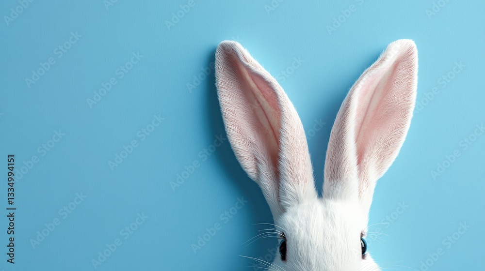 Obraz premium White Rabbit Ears Peeking Out on Blue Background: Close-Up Shot with Copy Space for Text or Design.