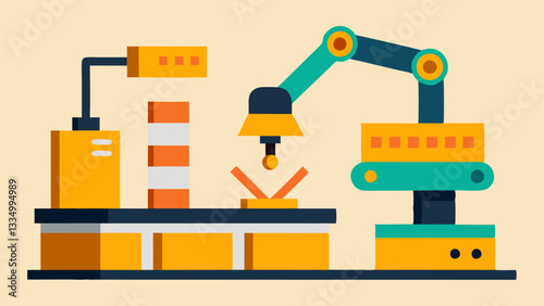 Robotic Arm Assembling Products A stylized robotic arm picking up components from a conveyor belt and assembling them into a finished product in a clean modern factory setting.