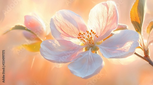 Blossom White flower blooming, sunlight backlighting, ethereal dreamy background