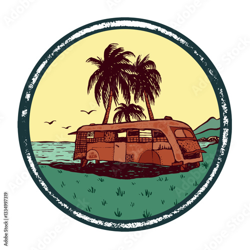 Old bus Camper van on coast near ocean and palm trees. Circle vector illustration on isolated white background. Distressed stamp. Design Concept for banner, poster, sticker, t-shirt