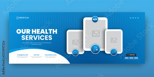 Medical healthcare table tent banner template. Display doctor service promotion on table, menu card for medical facebook cover,  rollup in abstract blue colorful shapes