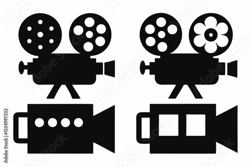 movie camera icon set line art silhouette vector illustration