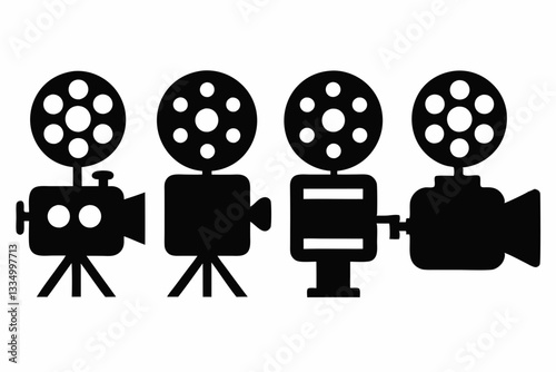 movie camera icon set line art silhouette vector illustration