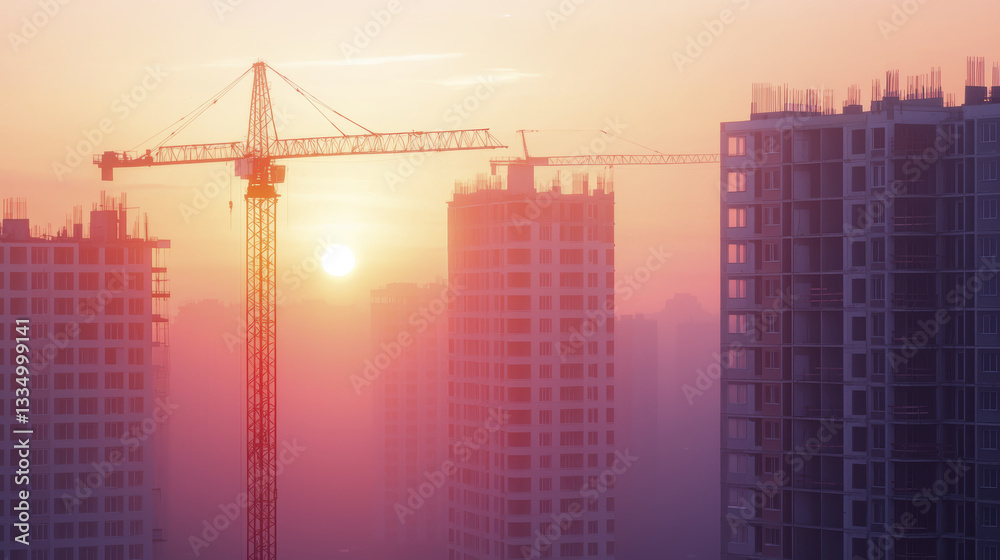 Obraz premium Sunrise over construction site with cranes and buildings, creating serene atmosphere