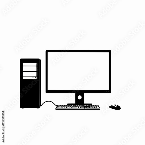 Desktop Computer Icon with Monitor, CPU, Keyboard, and Mouse in Black Silhouette on White Background