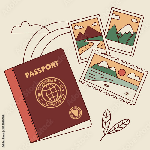 Passport with travel stamps and postcards