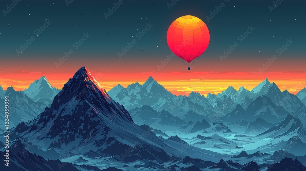 Fototapeta premium Colorful Hot Air Balloon Over Majestic Snow-Capped Mountains During Tranquil Sunrise Landscape